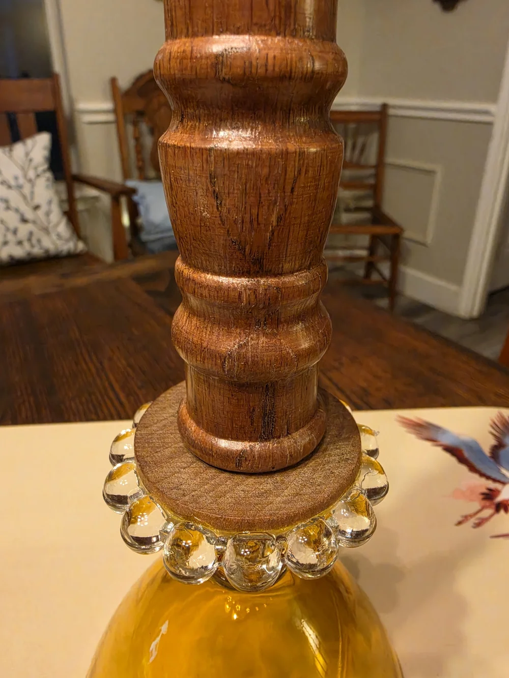 Vintage turned wood taper candlestick holder Colorful amber glass base